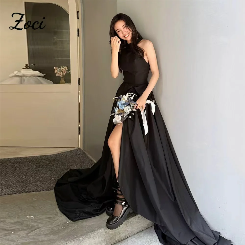 

Zoci Halter Neck Black Satin Korea Wedding Party Dresses High Side Slit Sleeveless Photos Shoot Wedding Gowns Customized