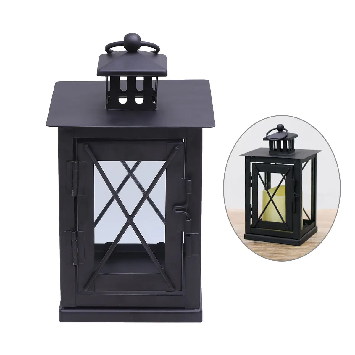 Retro Windproof Lamp European Style Black Wrought Iron Glass Solar Powered Indoor Outdoor Mini LED Light Camping Torch
