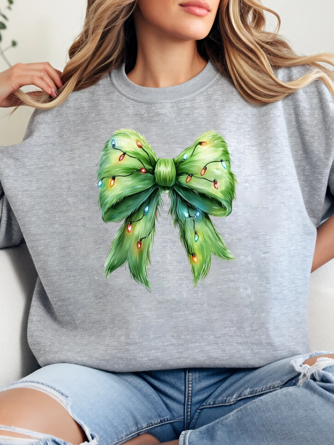 

Рождественские огни с бантом и принтом, праздничный свитшот с круглым вырезом, женская повседневная зимняя одежда, серый, больших размеров