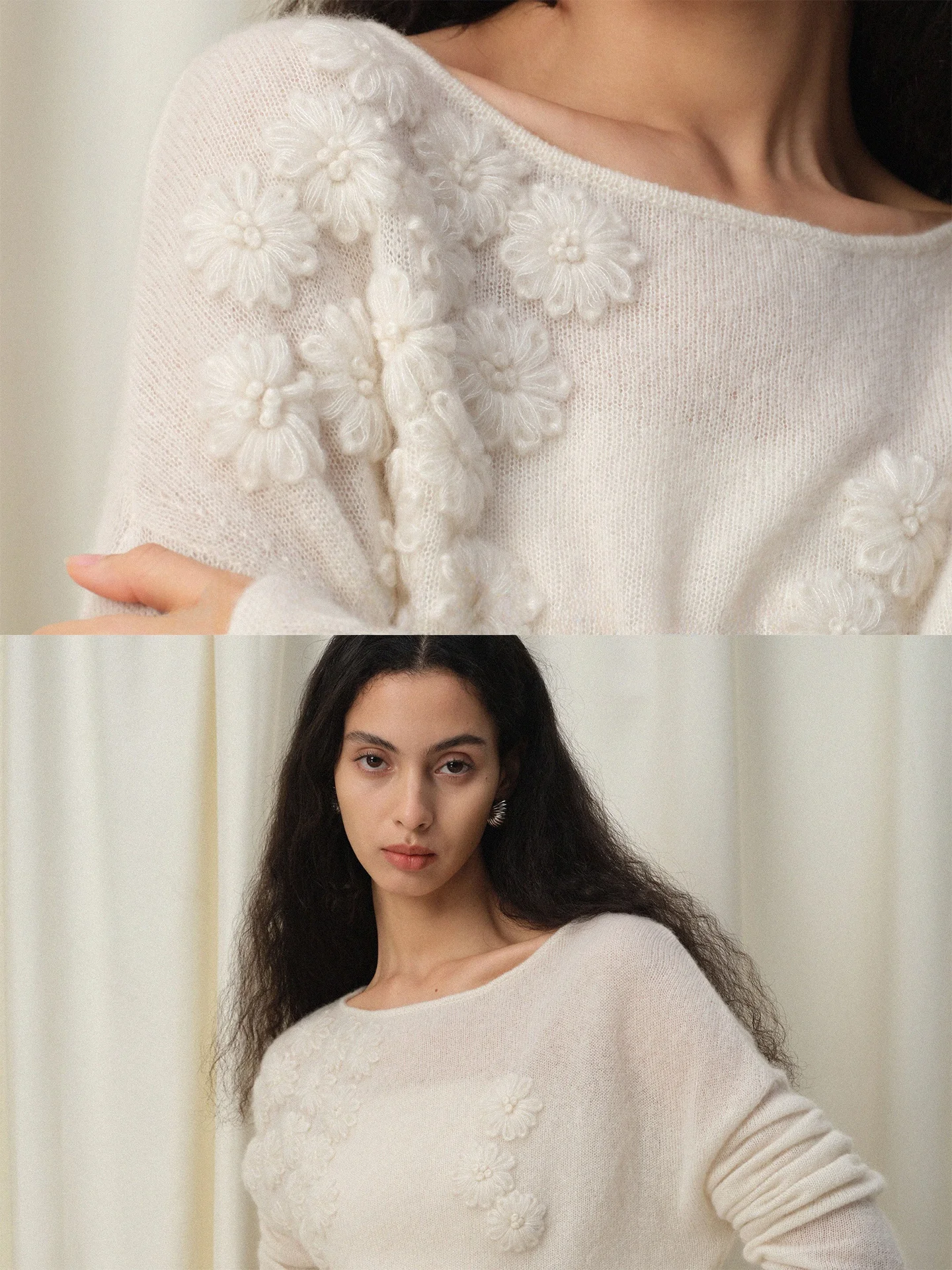 

Mannala White Petal Ele Handmade Woolen Sweater Q26 3D Hook Flower Design Women's Knittedwear Autumn Season Faion