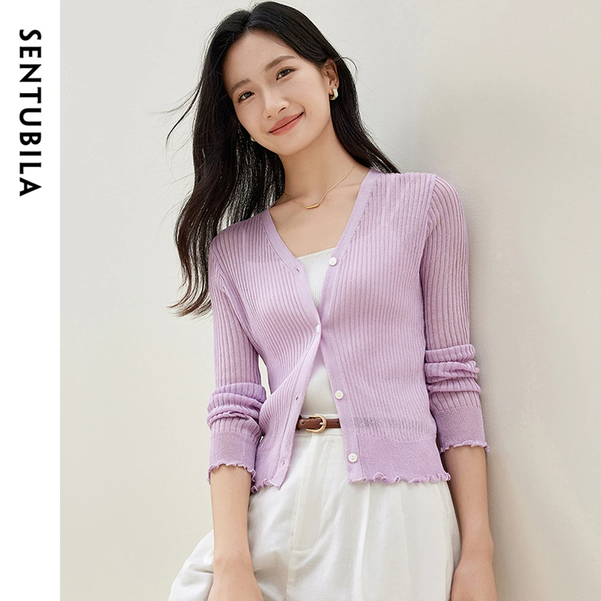 SENTUBILA 슬림 핏 니트 가디건 여성 2025 봄 가을 출퇴근용 브이넥 긴팔 스플라이스 버튼 아우터웨어 탑스 W51H58624