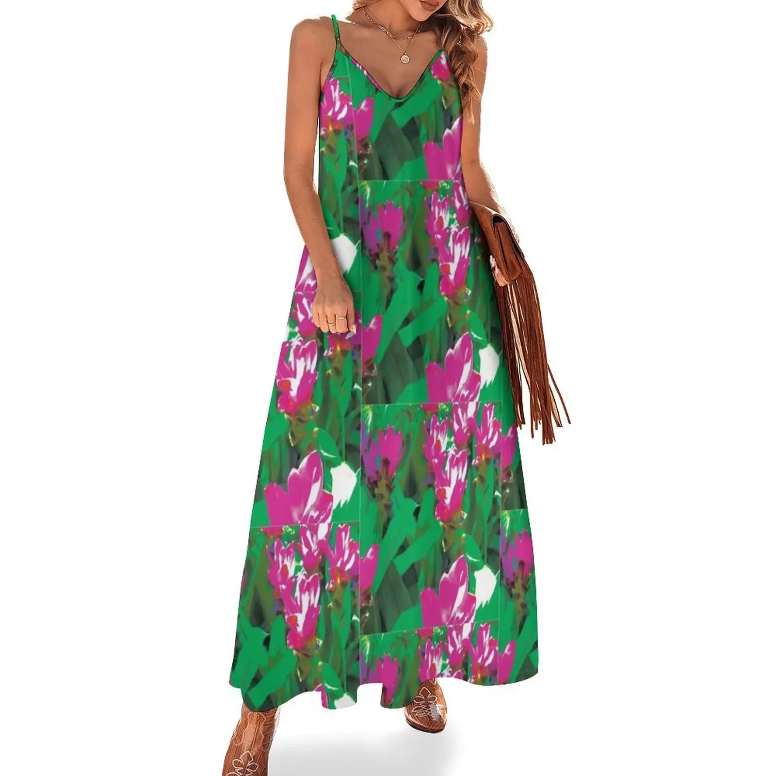 

Pink Floral Abstract Sleeveless Dress loose summer dress Women's summer skirt Clothing