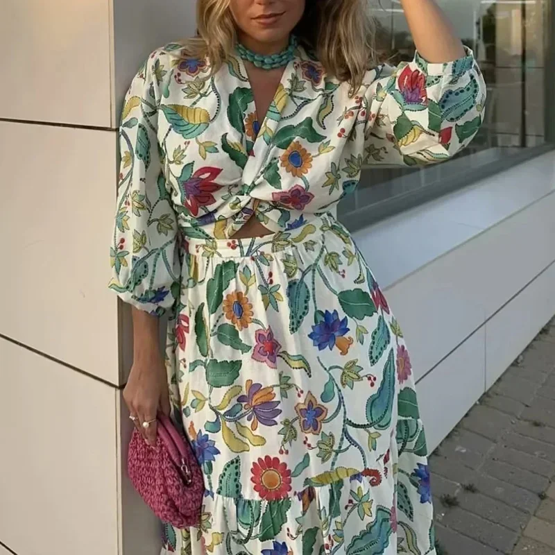 Cut Out Print Long Dress Women Boho Knot Floral Midi Dress Summer Puff Sleeve Elegant Dresses Tied Ruched Holiday Dresses