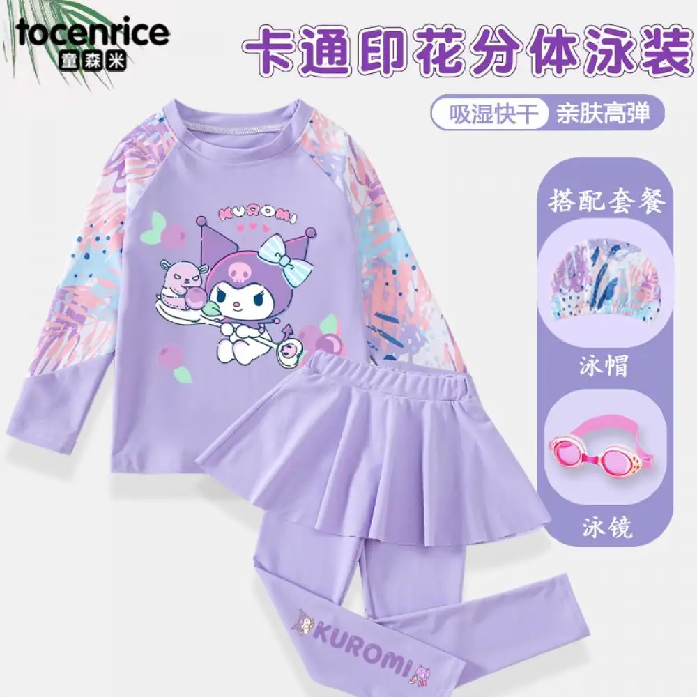 

Детский купальник Sanrios Kuromi, милый мультяшный длинный рукав, длинные штаны, средние и большие дети, быстросохнущий солнцезащитный крем, купальник, подарок на день рождения