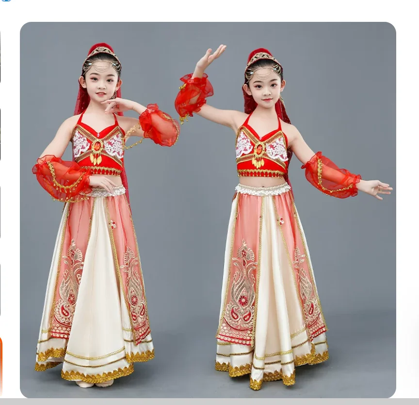 エキゾチックなインド舞踊のエスニックスタイルの女の子用コスチューム、サリー刺繍トップスと流れるようなスカートのセット