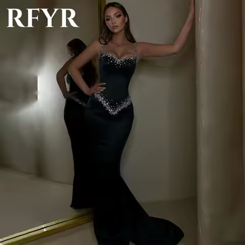 RFYR Black Elegant Spaghetti Strap Women Evening Dress with Pleats Sleeveless Sequins Scoop Trumpet Prom Gowns Dress Customized