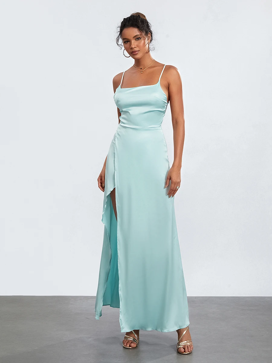 

Women Elegant Sleeveless Summer Dresses Solid Color Backless Satin Dresses Split Solid Color Cocktail Maxi Dress