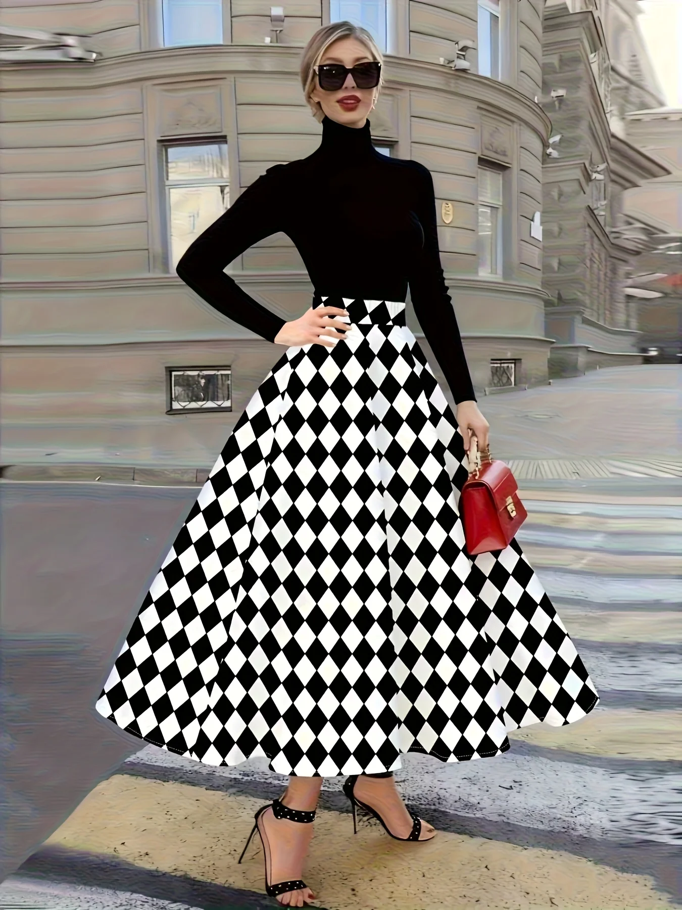 Women High Waist Maxi Skirt Black White Diamond Argyle Check Print A‑Line Swing Long Skirt Vintage Party Holiday Casual