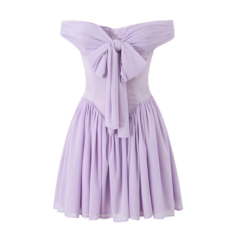 YENKYE Summer Women Violet Mesh Bow Tie Princess Mini Dress Sexy Off Shoulder Low Waist Holiday Party Dresses Birthday Robe