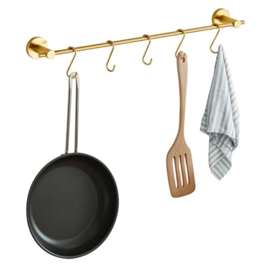 

21.6 Inch Towel Bar with 5 S Shaped Hooks, Brass Towel Holder Towel Rack for Bathroom Kitchen