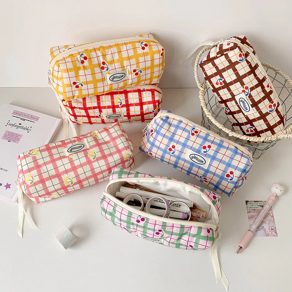 

Plaid Cherry Printing Pen Bag Student Cartoon Stationery Holder Pouch Pencil Case Organizer Back To School Office Supplies