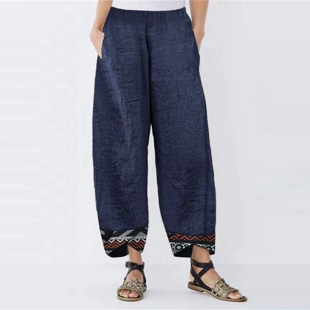 

Vintage Cotton Pants Women's 2024 Summer Fashion Trousers Casual Elastic Waist Bloomers Spring Autumn Comfortable Solid Pants