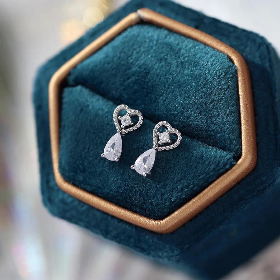 S925 Sterling Silver Plated 18K Gold Heart-Shaped Waterdrop Earrings for Women Elegant Minimalist Micro-Set Ear Jewelry