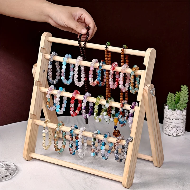 Foldable Wooden Bracelet Holder, Multi Rod Necklace Bracelet Display Rack For Desktop Shop Decor