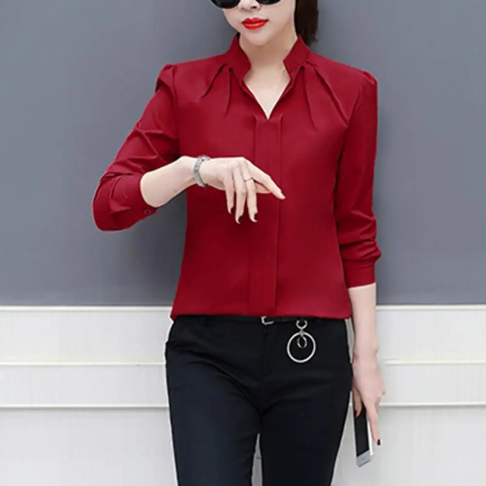 

Women Shirt Long Sleeve Slim V-neck Shirt Stand Collar Long Sleeve Solid Color for Workwear Commuting