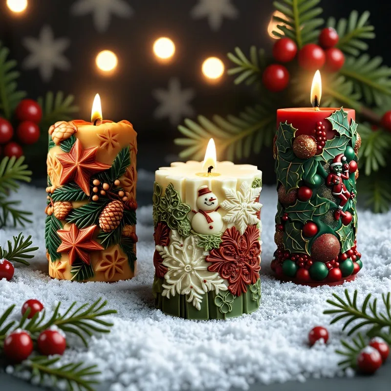 

Christmas Cylinder Candle Molds DIY Xmas Snowman Pine Tree Berry Embossed Candle Soap Silicone Mold Craft Ornament Plaster Tool