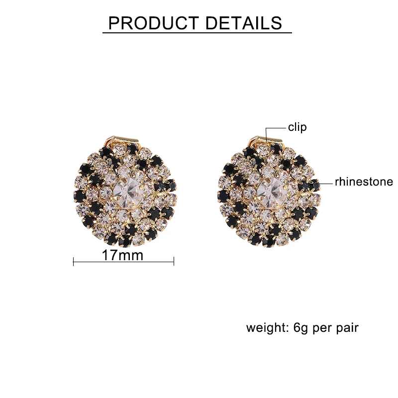 مختلط التألق حجر الراين كليب على أقراط للنساء ، أبيض وأسود ، الذهب الجولة دون ثقب ، أنيقة موضة ، مجوهرات الزفاف هدية