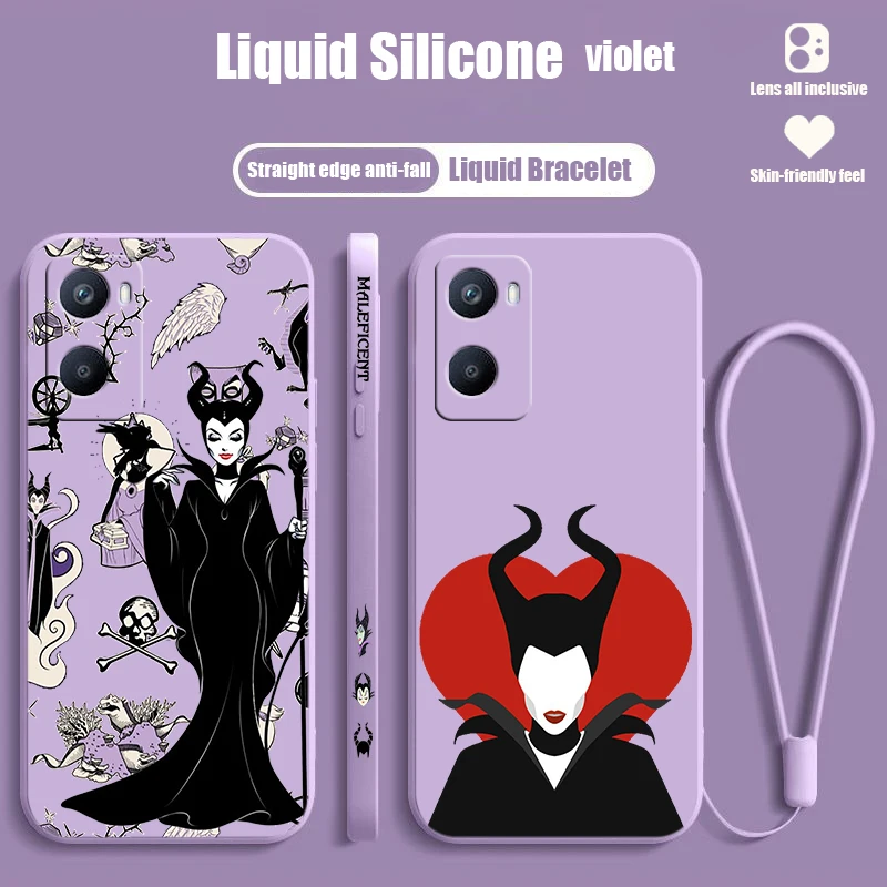 Disney Cute Maleficent For OPPO A98 A96 A94 A93 A77S A76 A74 A73 A72 A57E S A56S Liquid Left Rope Silicone Phone Case