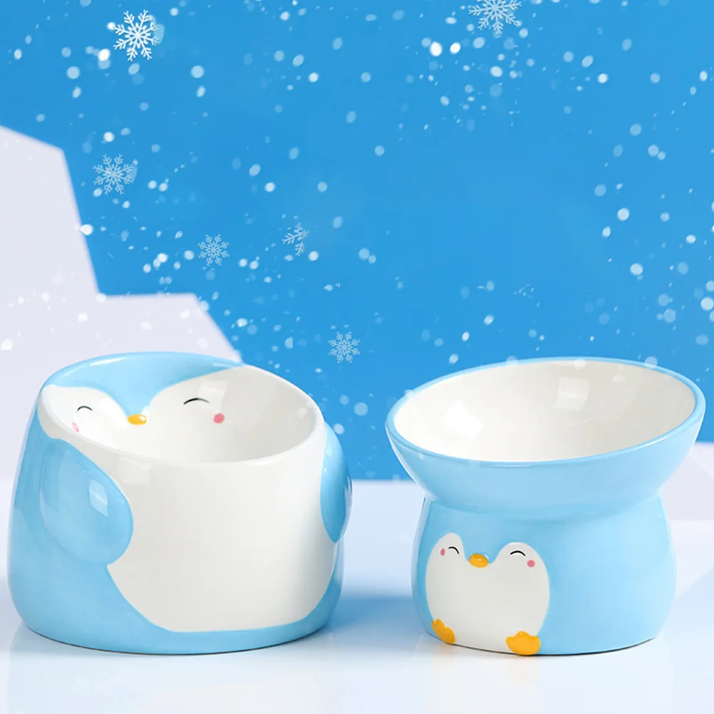 

Penguin Pattern Elevated Cat Bowl Slanted Mouth Design Waterproof Washable Pet Food Feeder for Cats Small Medium Dogs Anti-Spill