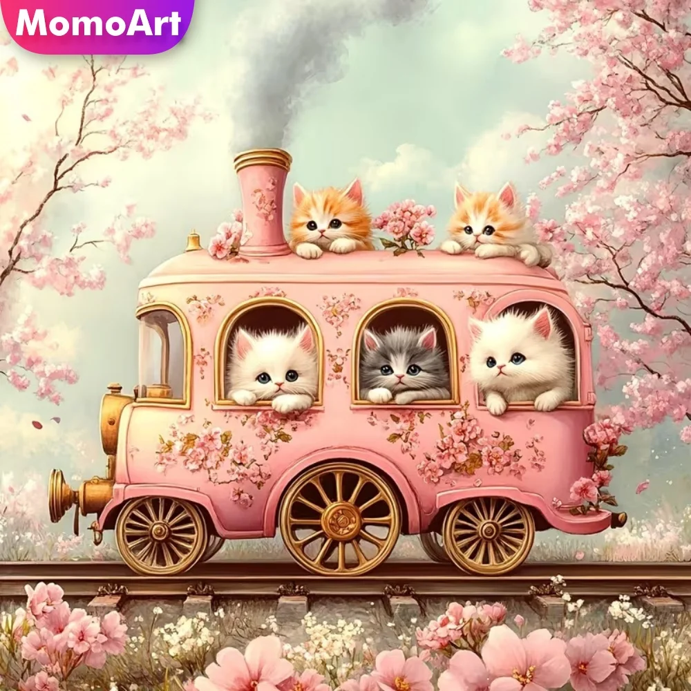 Momoart DIY Elmas Boyama Tren Manzara Benzersiz Hediye Çapraz Dikiş Kitleri Elmas Mozaik Kedi Akrilik Zanaat Malzemeleri Çocuk Hobi