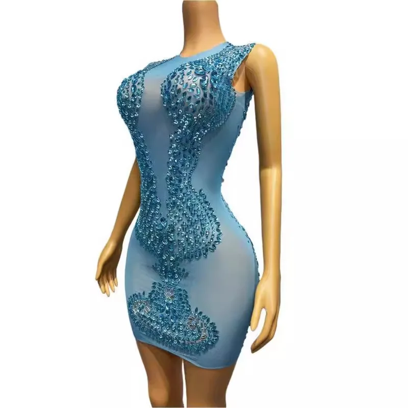 다이아몬드 생일 의류 민소매 라운드 넥 반투명 민소매 블루 다이아몬드 나이트 클럽 섹시한 Vestidos Para Festas Luxuosas