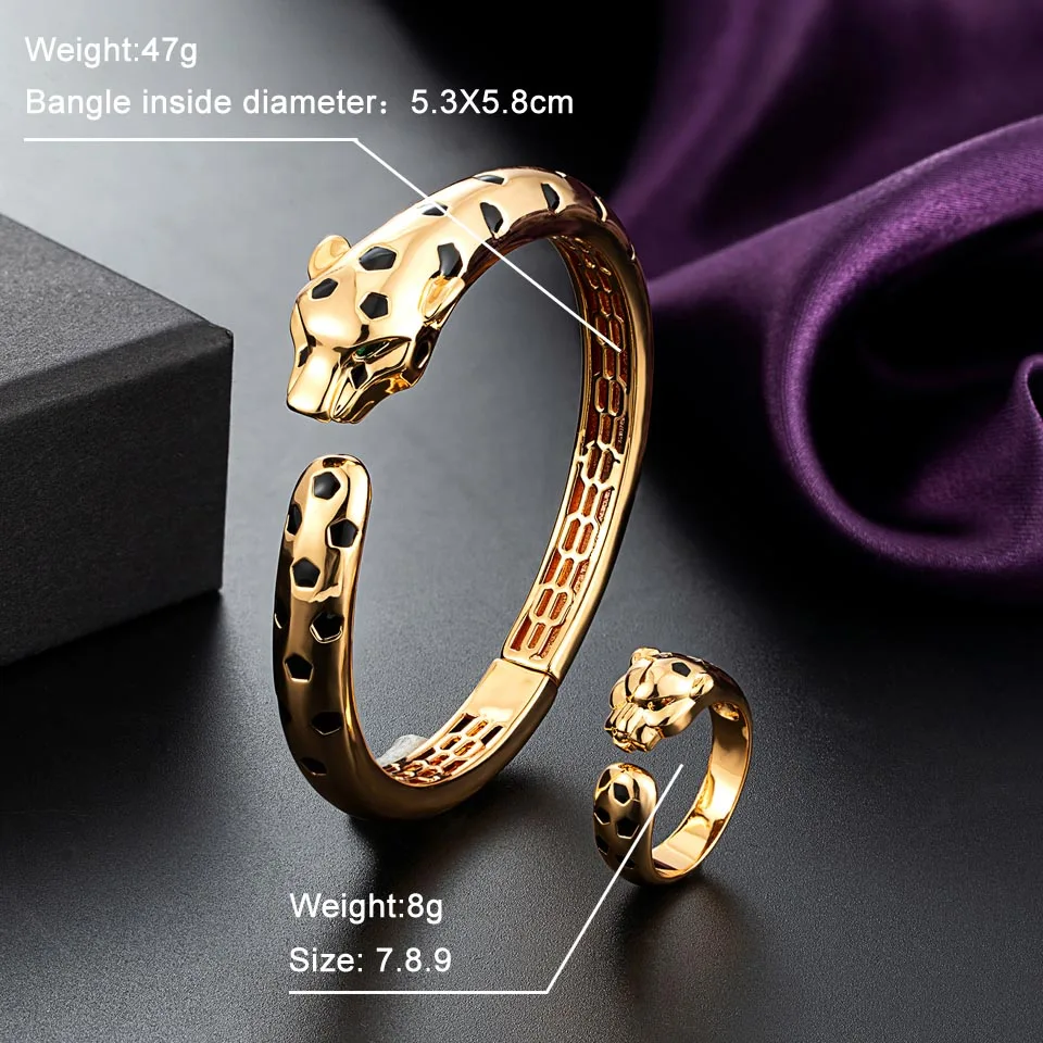 Zlxgirl Statement Punk Black Spots Leopard bangle with Ring set Fashion Animal Panther bracelet for Women Party gifts free ship