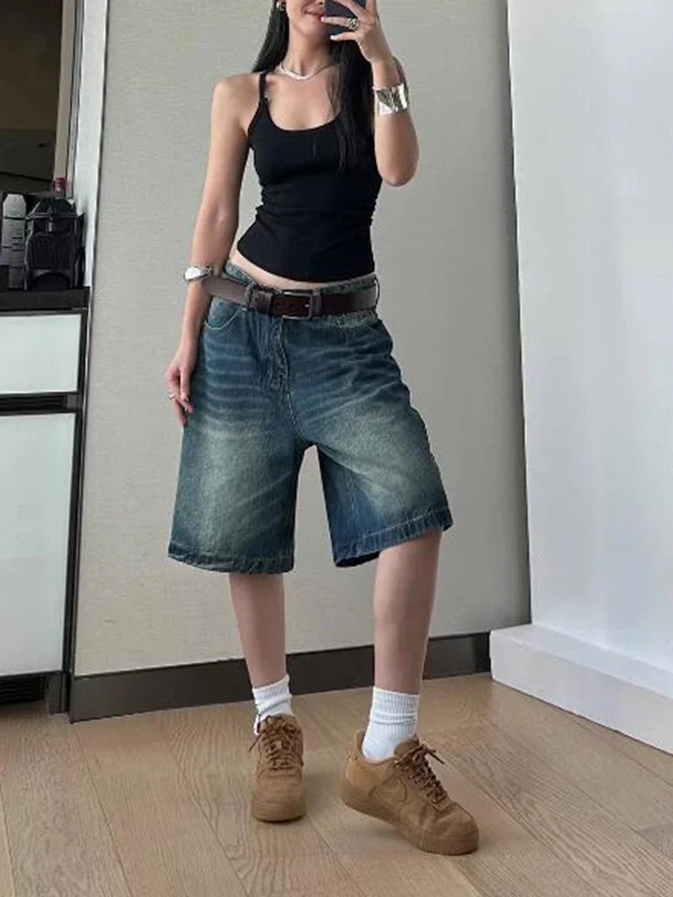 カジュアルルーズハイウエストブルーショーツ女性シックレトロ夏アメリカンデニム女性ショーツファッションストリートスリム女性ショーツ