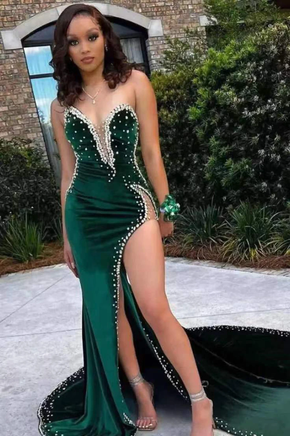 Sweetheart Dark Green Velvet Crystal Evening Dresses High Split Velour Beading Mermaid Formal Party Prom Gowns Vestido De Fiesta