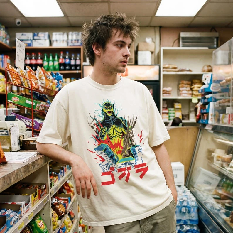 8 Bit Japanese Monster T-Shirt, Retro Gojira Sci Fi Film Graphic Tee