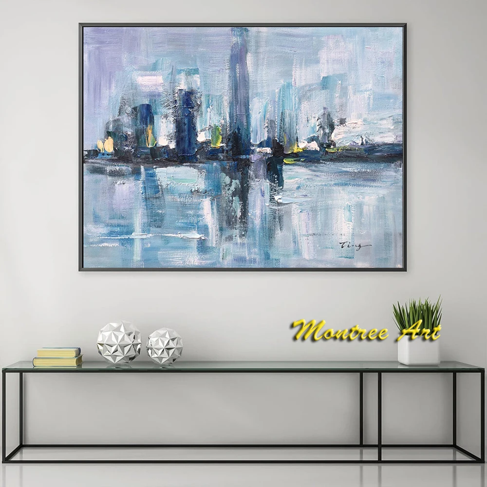 Hand Painted Oil Painting Large Blue Green Abstract Painting Blue Abstract Textured Painting City Skyline Painting Modern Art