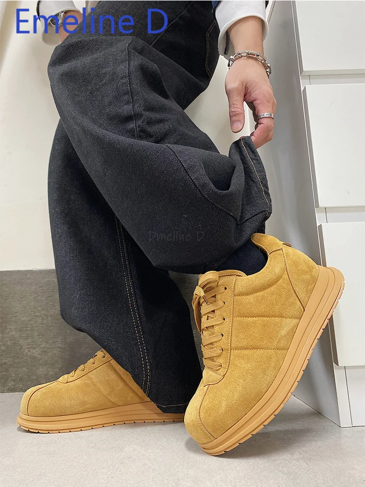 Yellow Thick Soled Lace Up Bread Shoes Fashionable Round Toe Height Increasing Niche Lightweight Versatile Sports Leisure Shoes view 5