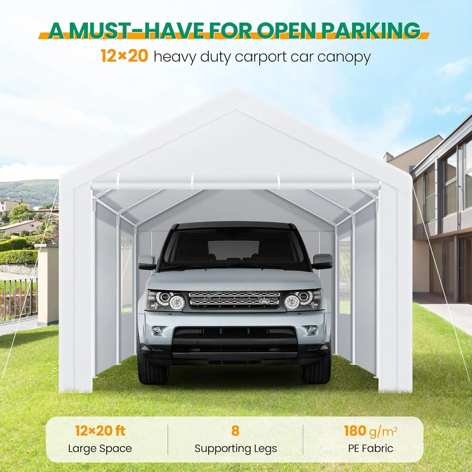 Cobizi Carport Canopy 12X20 Heavy Duty Portable Garage With Roll-Up Ventilation Windows & Doors, Removable Sidewalls Car Canopy