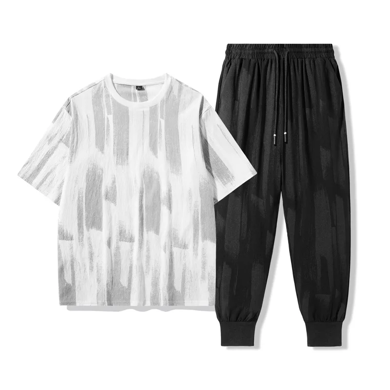 Quality Men Summer Ice Silk Two Piece Set Round Neck T-shirt Long Casual Pants Set 2 Piece Boys Sportswear Outfits Plus Size 4xl