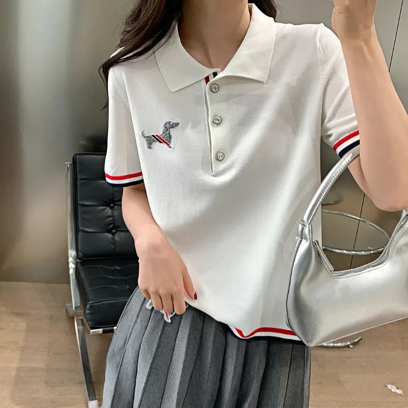 T-shirt with puppy embroidery and ice silk college style, high-quality soft stripes paired with women's casual polo shirt top