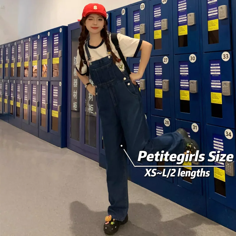 

150cm Petite girls Retro Cowboy Straps Pants Women 145cm Korean Version Straight Wide Leg XS Appear High Nine-Minute Jumpsuit