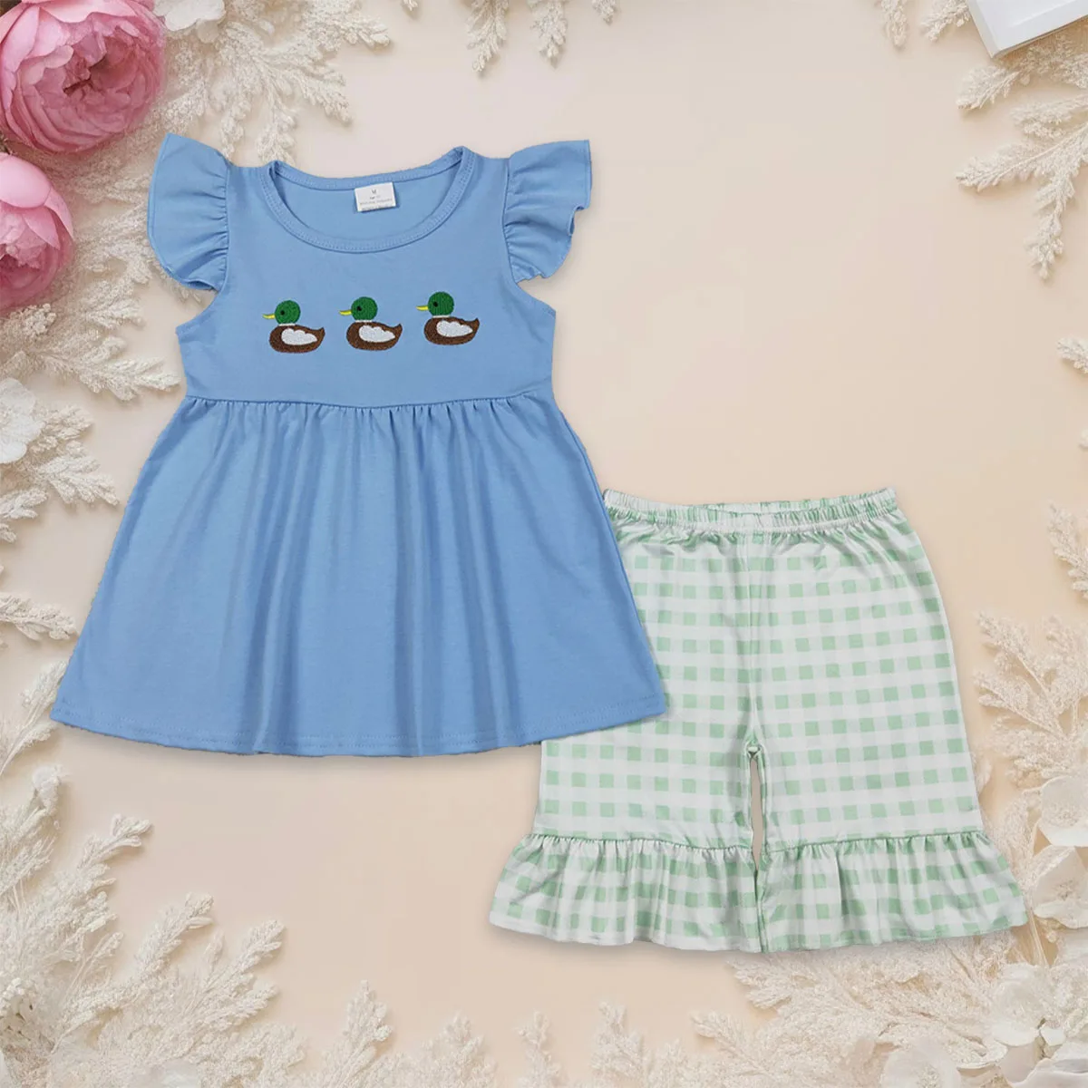 Kids Children Flutter Sleeve Embroidery Ducks Tunic Tops Toddler Ruffle Shorts Outfit Summer Baby Girls Two Pieces Set Wholesale