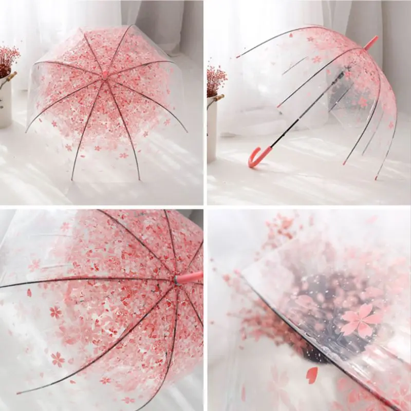 Romantic Transparent Clear Flowers Bubble Dome Umbrella Half Automatic For Wind