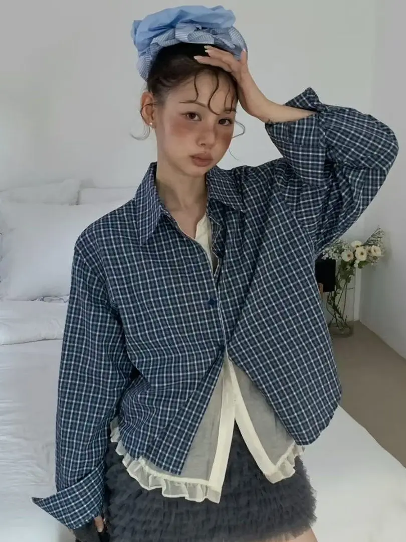 

Женская повседневная рубашка в клетку с длинным рукавом из смесового хлопка, с имитацией двухслойности, весна-лето, модная.