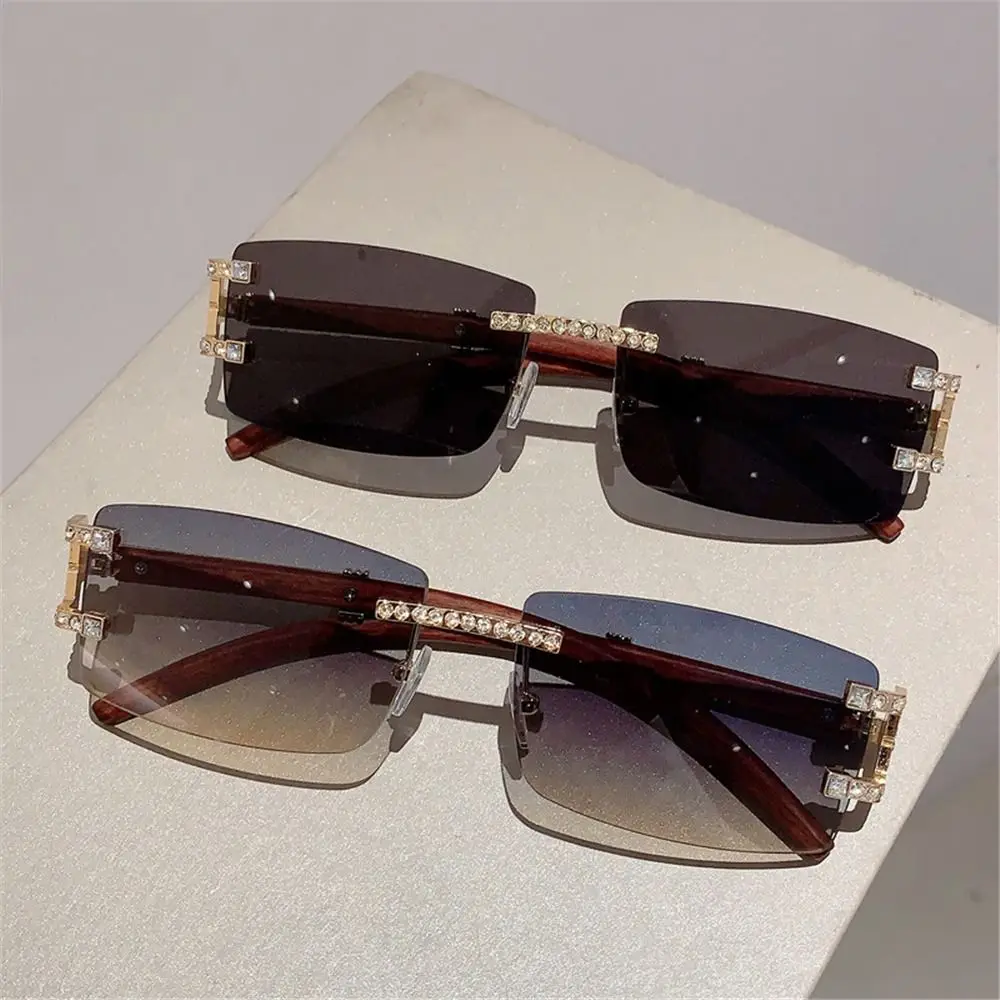 

Wood Diamonds Punk Sunglasses Rhinestone Rectangle Men's Shades Frameless Women's Rimless Sun Glasses