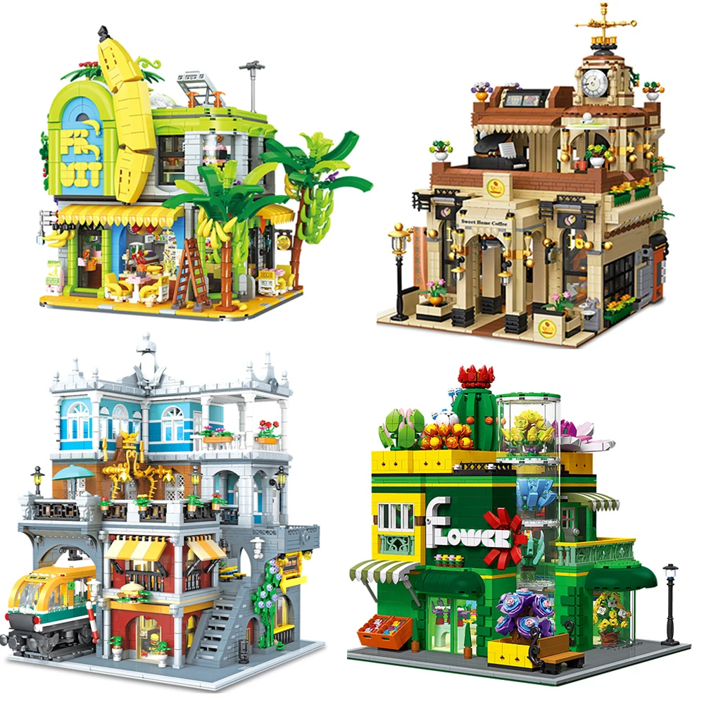 Creative Street View Architecture Building Blocks Coffee Shop 3D DIY Fruit Shop Bricks Treehouse Model Toys for Kids Santa Gift