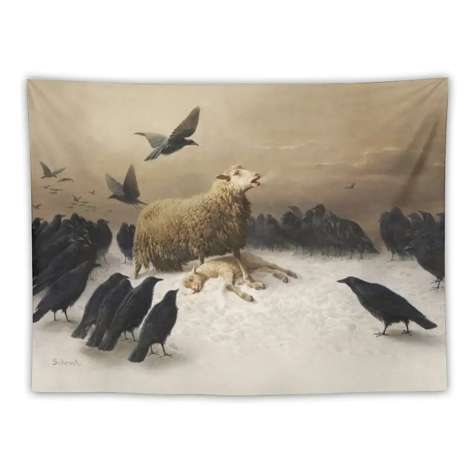 Anguish Angoisses fine art oil painting by August Friedrich Schenck 1878 Mother sheep ewe with lamb and black crows Tapestry