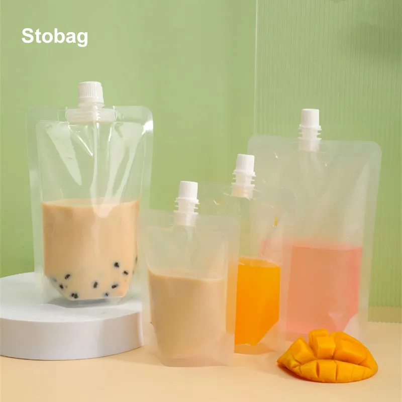 

StoBag 100pcs Transparent/Frosted Matte Liquid Packaging Drinking Nozzle Bags Clear Juice Beverage Sealed Storage Reusable Pouch