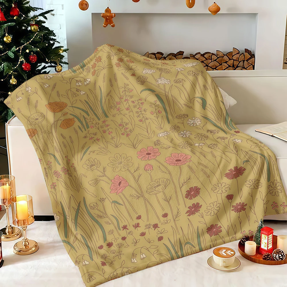 Mustard Yellow Wildflower Meadow Line Art Flannel Blanket Soft Fuzzy Plush Cozy Warm Throw for Sofa Bed Couch