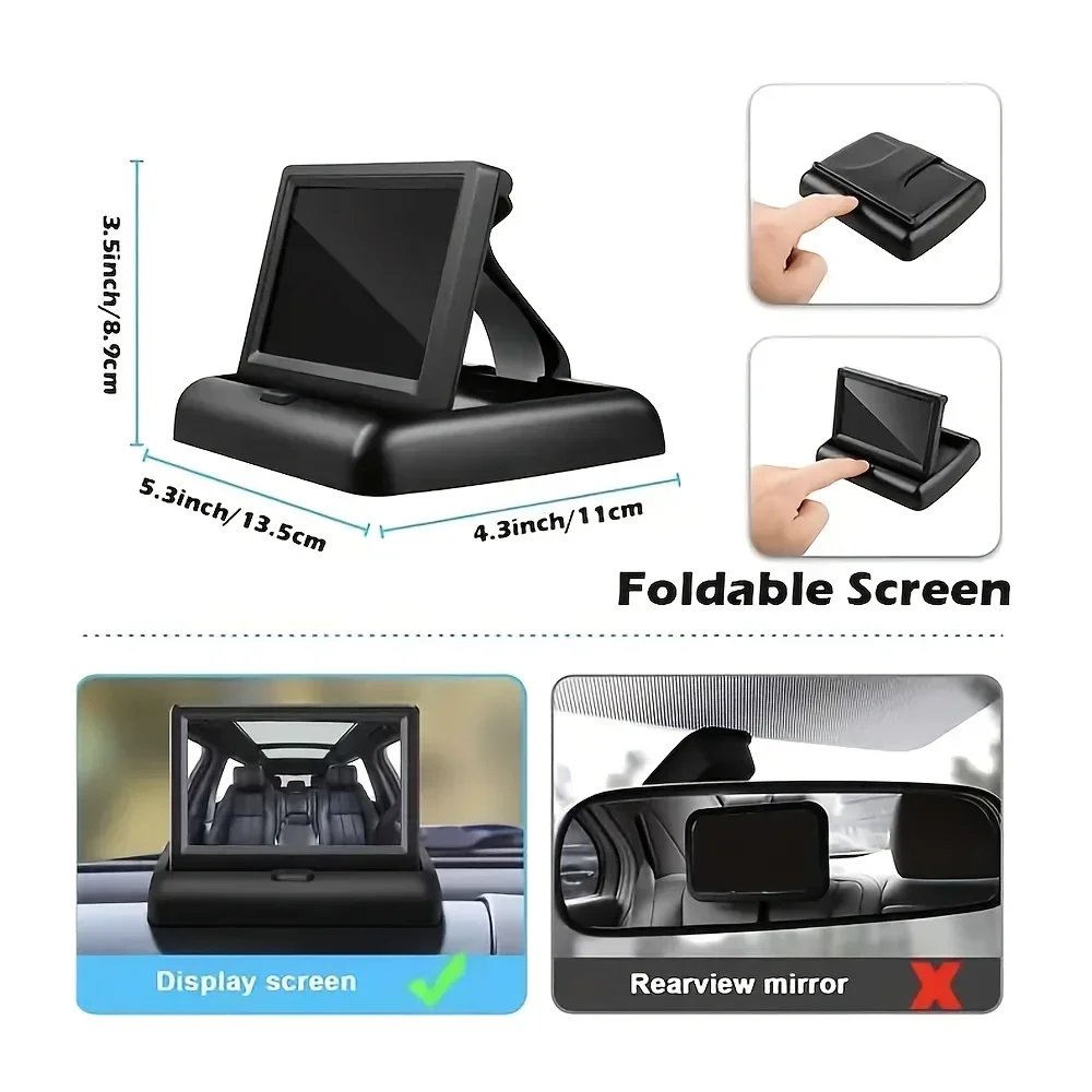 QueenDer 4.3" Kamera Keamanan Kursi Mobil Lipat - Monitor Cermin dengan Penglihatan Malam, Rotasi Belakang & Plug-and-Play