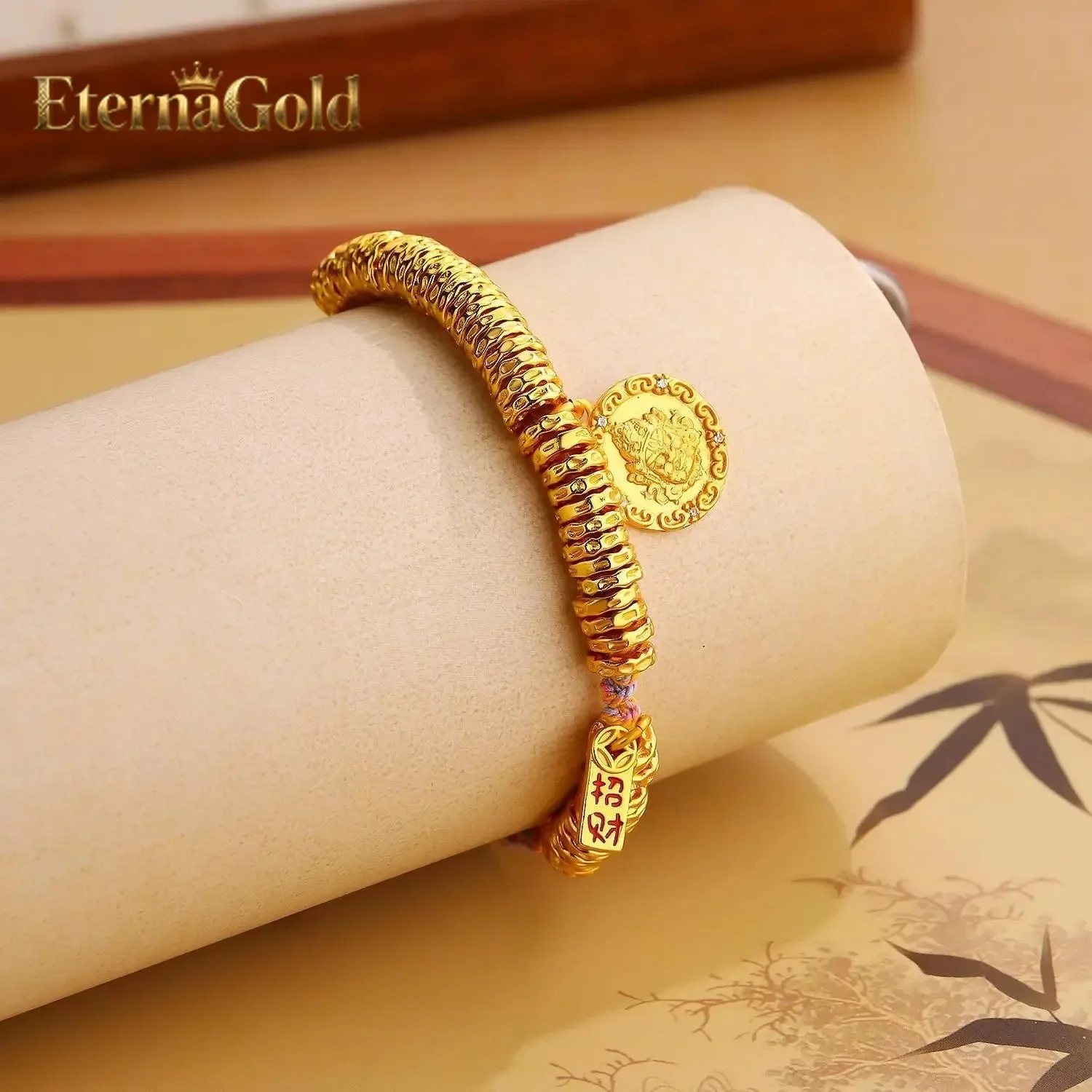 EternaGold Fashion 24K real gold Yellow God of Wealth coiled braided hand rope Ping An 999 pure gold joy button Chinese style br