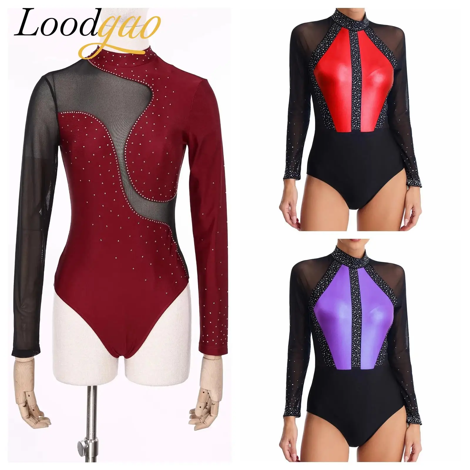 

Women's Sparkly Rhinestone Ballet Gymnastics Leotard Mesh Splice Figure Skating Jumpsuit Acrobatics Rhythmic Gymnastics Jumpsuit