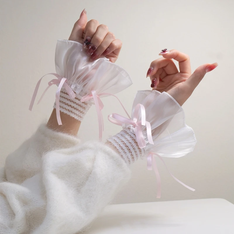 

Sweet Lolita Bow Lace Wrist Cuffs Short Elastic Bracelet Cute Girl Hand Sleeves Maid Cosplay Clothing Oversleeves