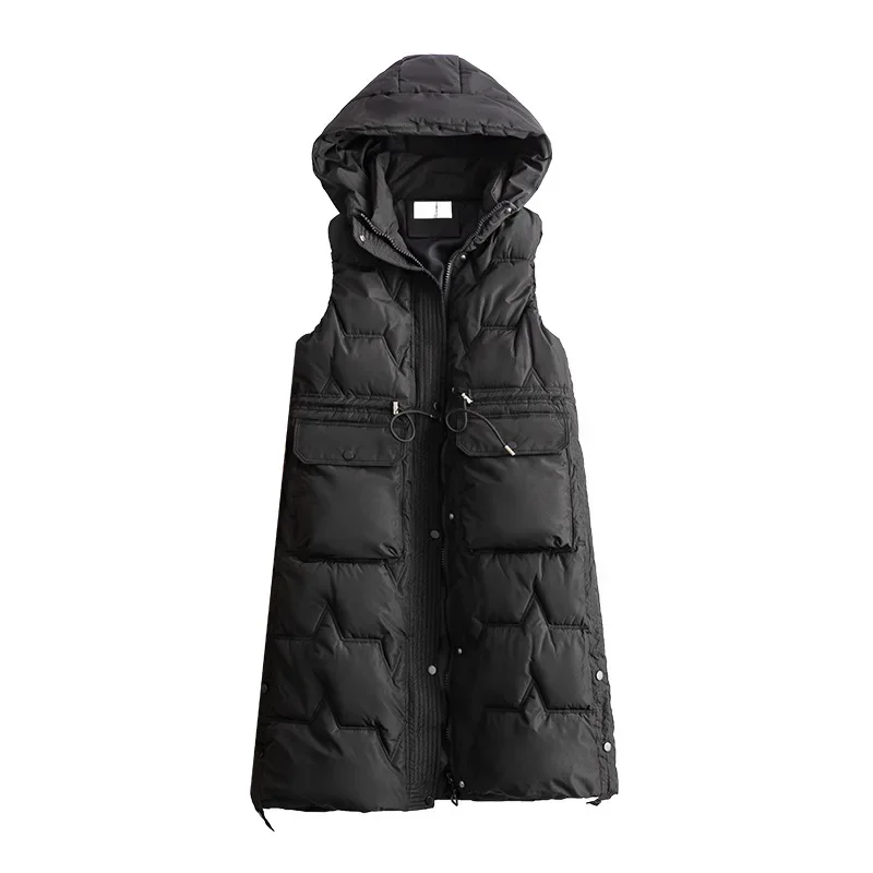 Women Sleeveless Vest Parkas Hooded Thick Vests Zipper Pocket Splice  Elegant Lady Outerwear Cardigan Jackets Winter 2024