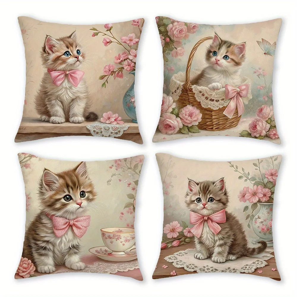 Adorable Kitten-Printed Pillowcases with Pink Bows and Floral Patterns Sofa cushion cover home room decoration 2D flat printing