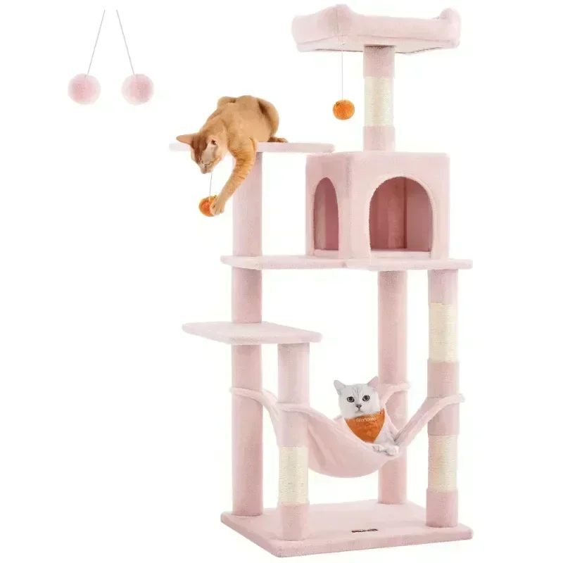 Pink Large Multi-Layer Cat Tree with Hammock Luxury Wood Pet Cat Tree Tower Scratcher